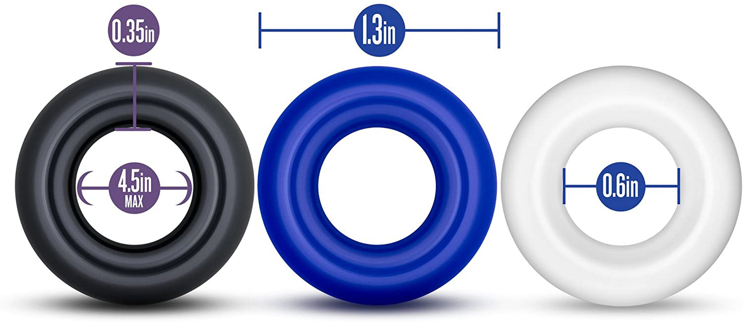 Power Escorts - BR272 - Donut Cockring 3 Pack - Super Stretchable - 3 colors blue /clear /black - attractive colourbox