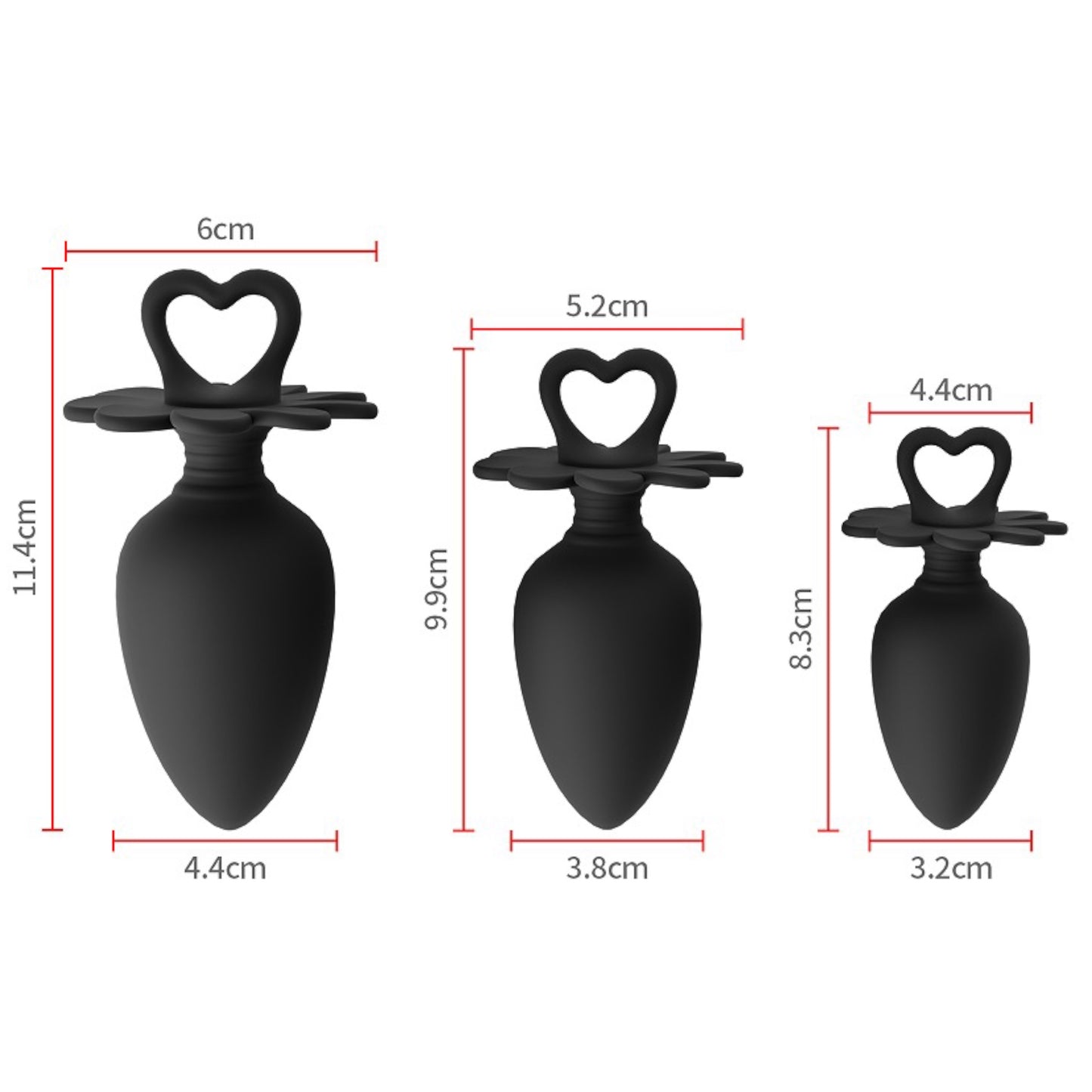 Power Escorts - BR317 - Heart Plug Anal Starter 3-Pack - S, M & L - Black - quality Silicone - Colour box