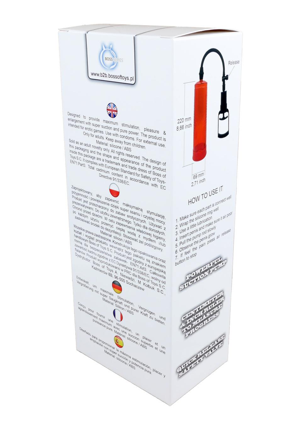Bossoftoys Power Penis Pump Max Red - Strong hand grip - Size  22 cm - Dia box 6,9 cm - 60-00010