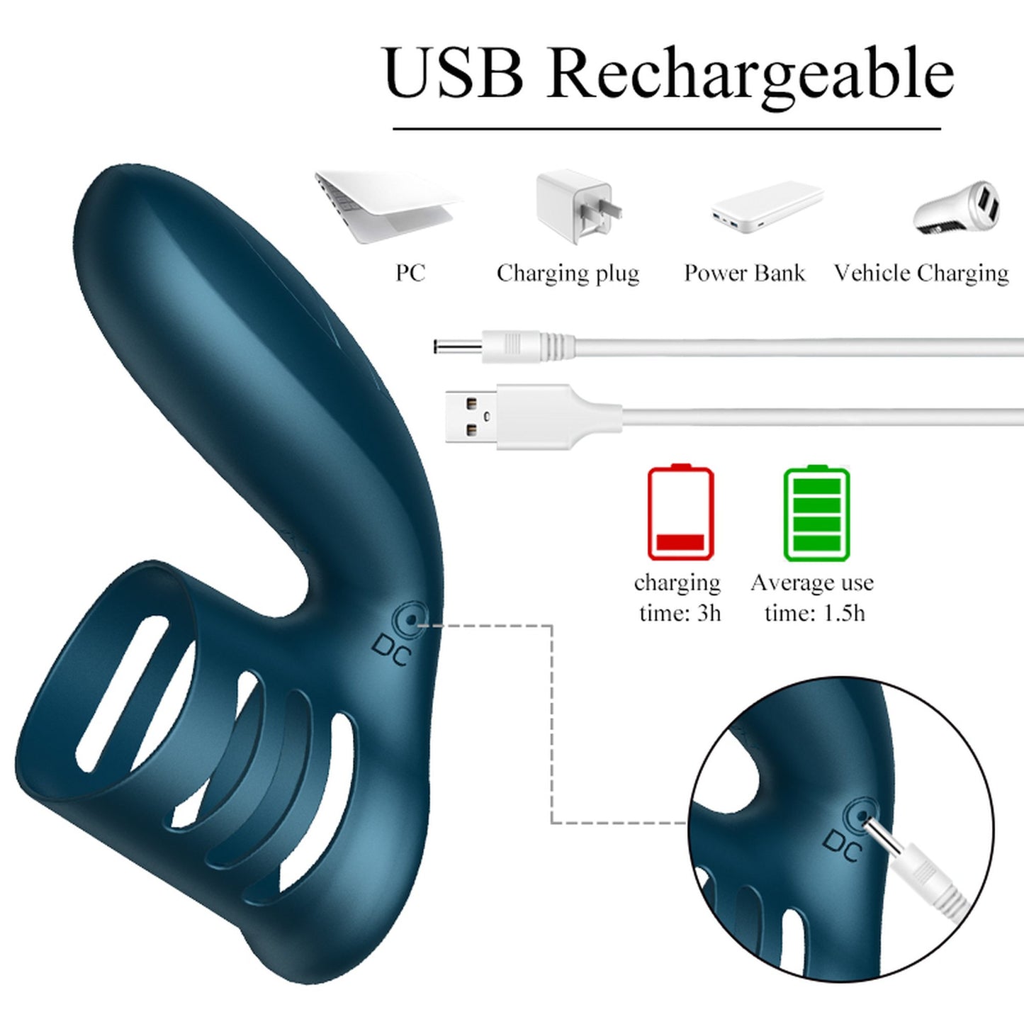 Foxshow - 63-00026 - Vibrating Silicone Cockring Blue - USB - 7 Function