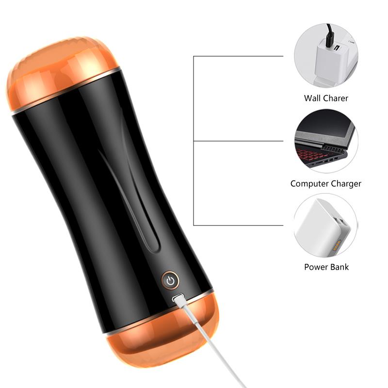 Foxshow - 63-00030 - Masturbator-Vibrating Masturbation Cup - 19,5 cm - USB - 10 function + Interactive Function / Double Ends - Luxury Giftbox - Black