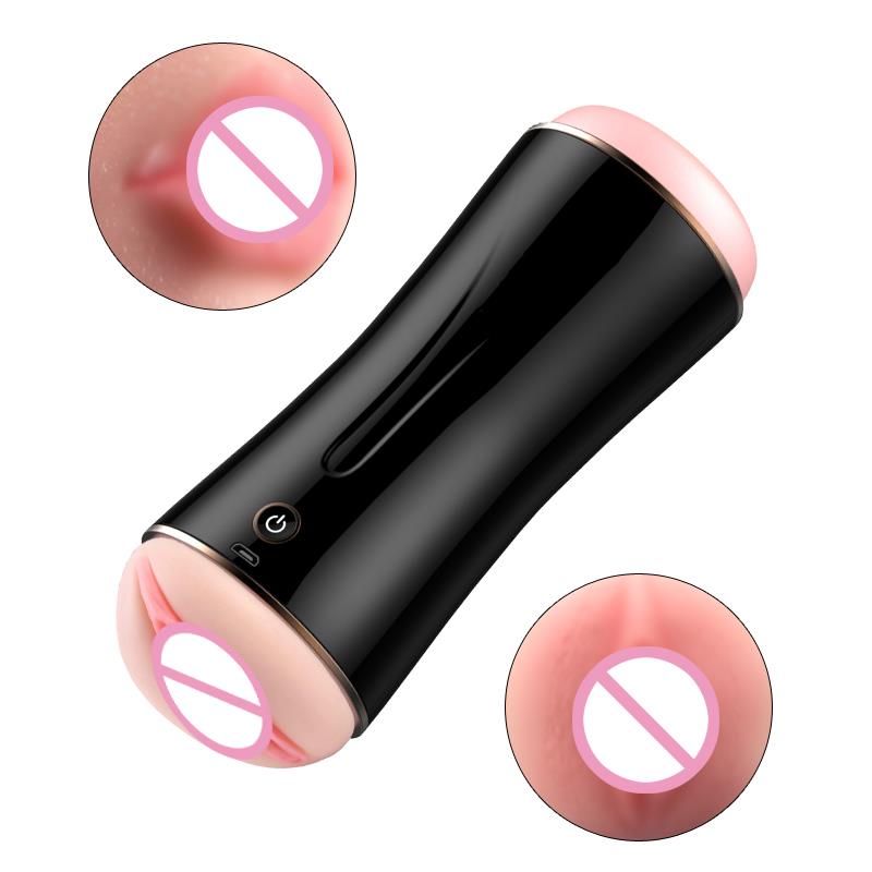 Foxshow - 63-00030 - Masturbator-Vibrating Masturbation Cup - 19,5 cm - USB - 10 function + Interactive Function / Double Ends - Luxury Giftbox - Black