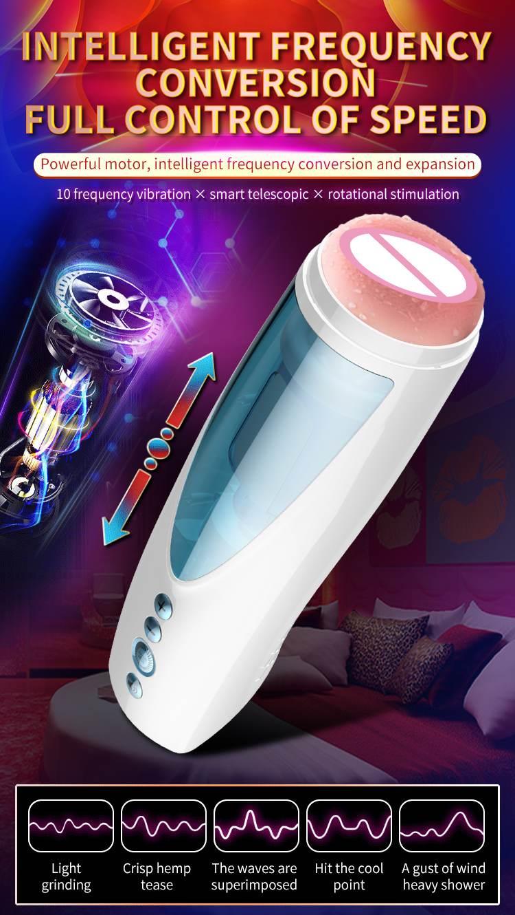 Foxshow - 63-00041 - Big size - 32 Cm - Masturbator cup - Vibrating, Rotating and Flashing Masturbation - USB rechargeable - 10 speed + 10 Function / Talk Mode - Dia outside 10 cm - Luxury Giftbox - white /with blue