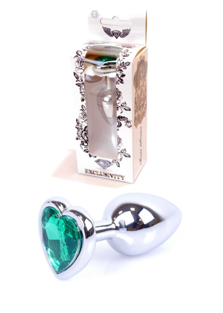Bossoftoys - 64-00051 - Heart design silver Plug - Silver - Anal - Heart - Green stone - length 7 cm - dia 2,7 cm - window colour box