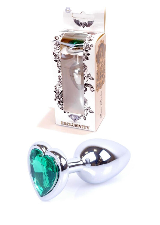 Boysoftoys - 64-00051 - Heart design silver Plug - Silver - Anal - Heart - Green stone - length 7 cm - dia 2,7 cm - window colour box