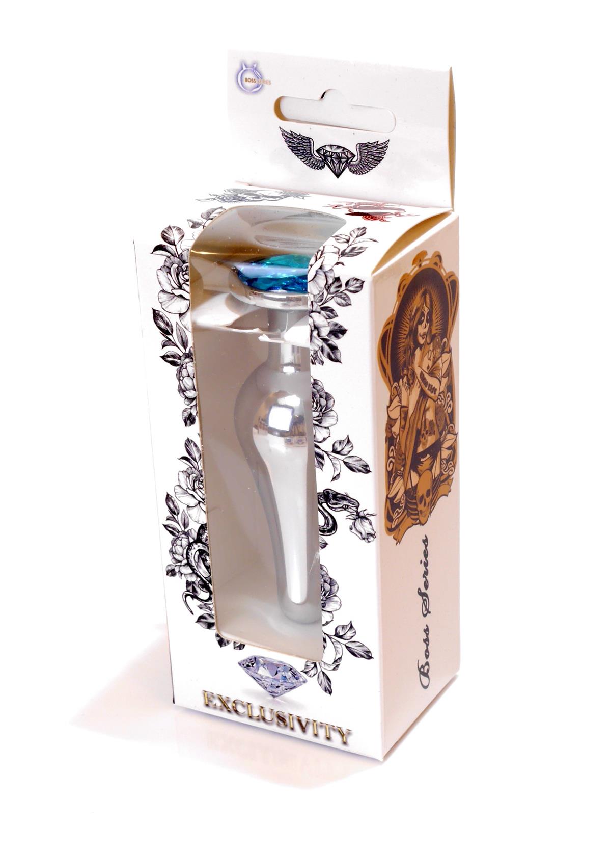 Bossoftoys - 64-00076 - Silver big Butt Plug - anal plug with Light blue stone - length 9 cm - dia 2,9 cm - colour window box