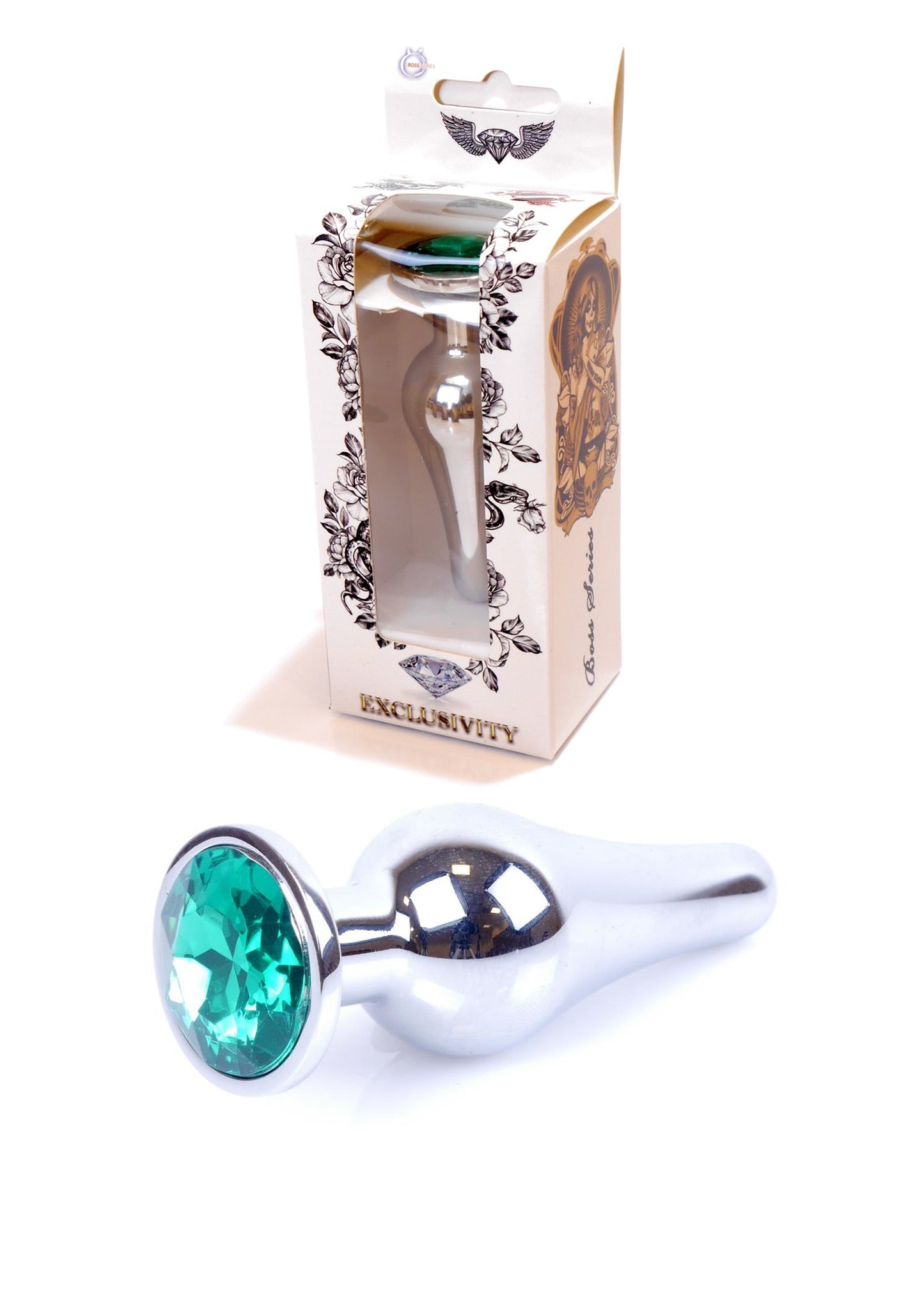 Boysoftoys - 64-00078 - Silver big Butt Plug - anal plug with green stone - length 9 cm - dia 2,9 cm - colour window box