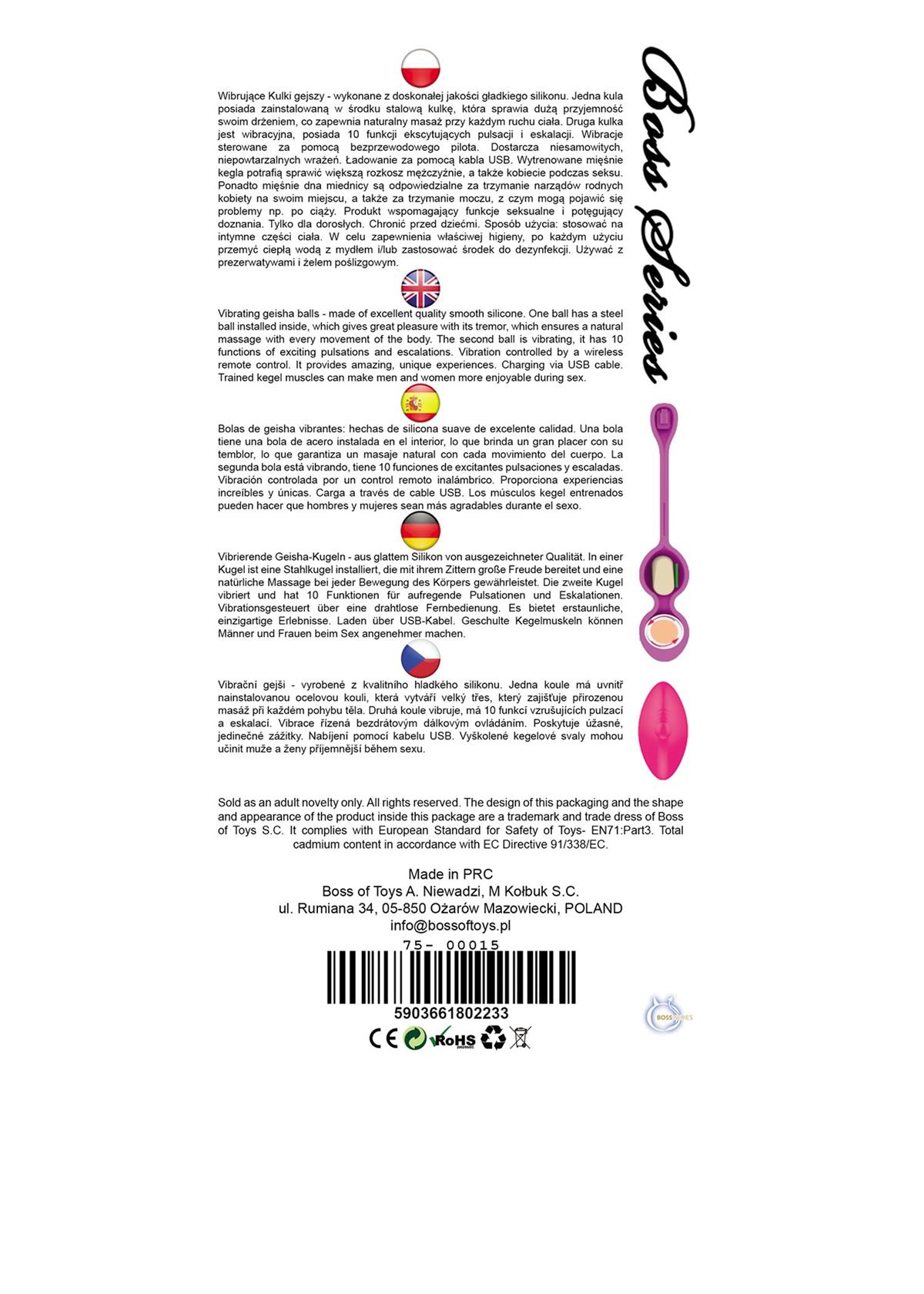 Bossoftoys - 75-00015 - Vibrating Kegel Balls - 32mm - 80g - Pink 10 function Remote Control - Rechargeable - Silicone Kegel Balls - strong blister
