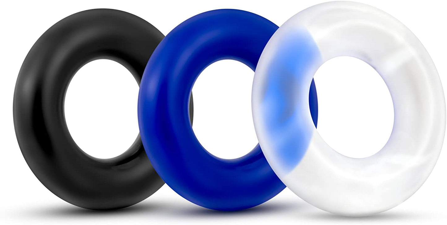 Power Escorts - BR272 - Donut Cockring 3 Pack - Super Stretchable - 3 colors blue /clear /black - attractive colourbox