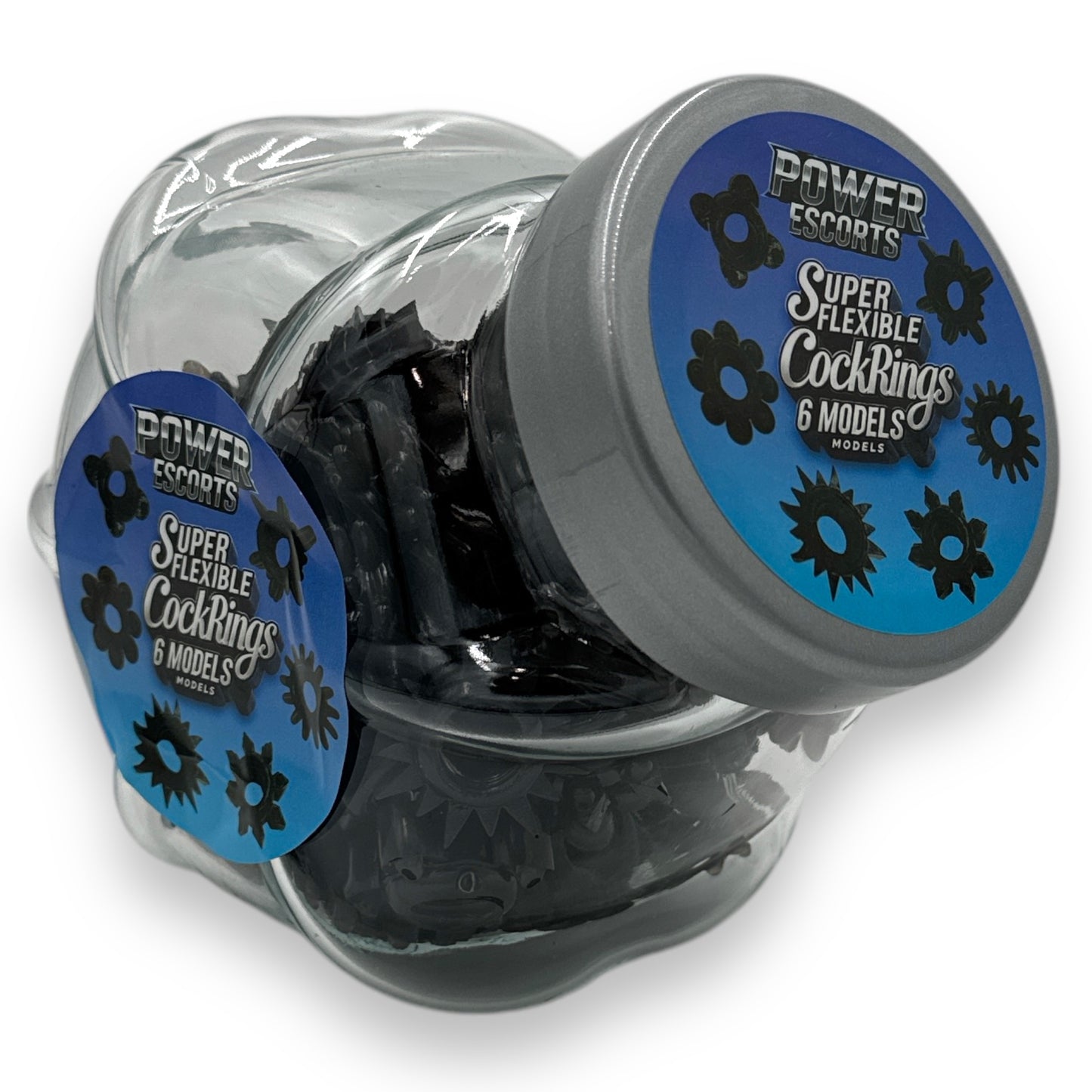 Power Escorts - BR290 - 60 pcs In Clear Jar Texture Cockring - Black - Extra Stretchable