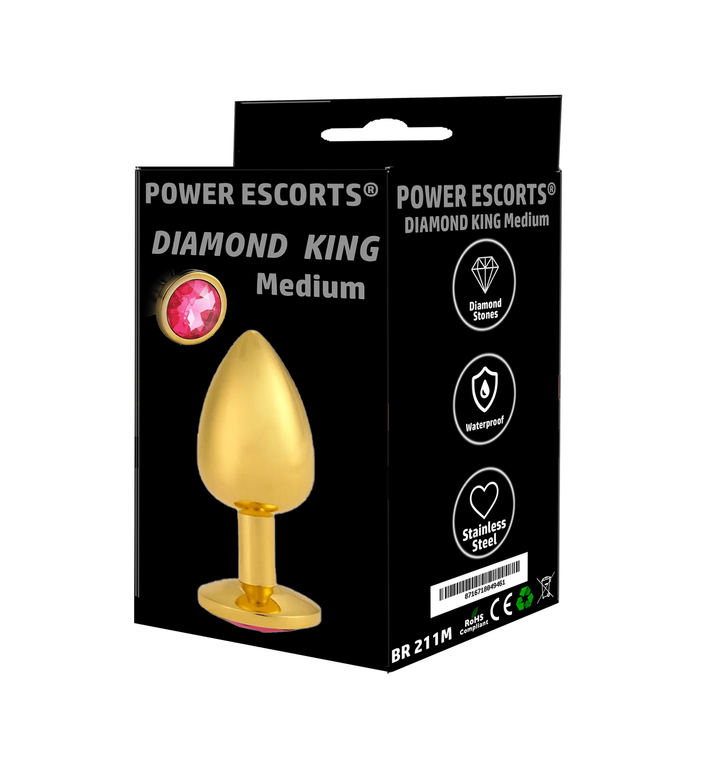 Power Escorts - BR211 Mpink - Diamond King Gold Anal Plug Medium Pink Stone - Diameter 3.5 cm - Length 8.5 cm