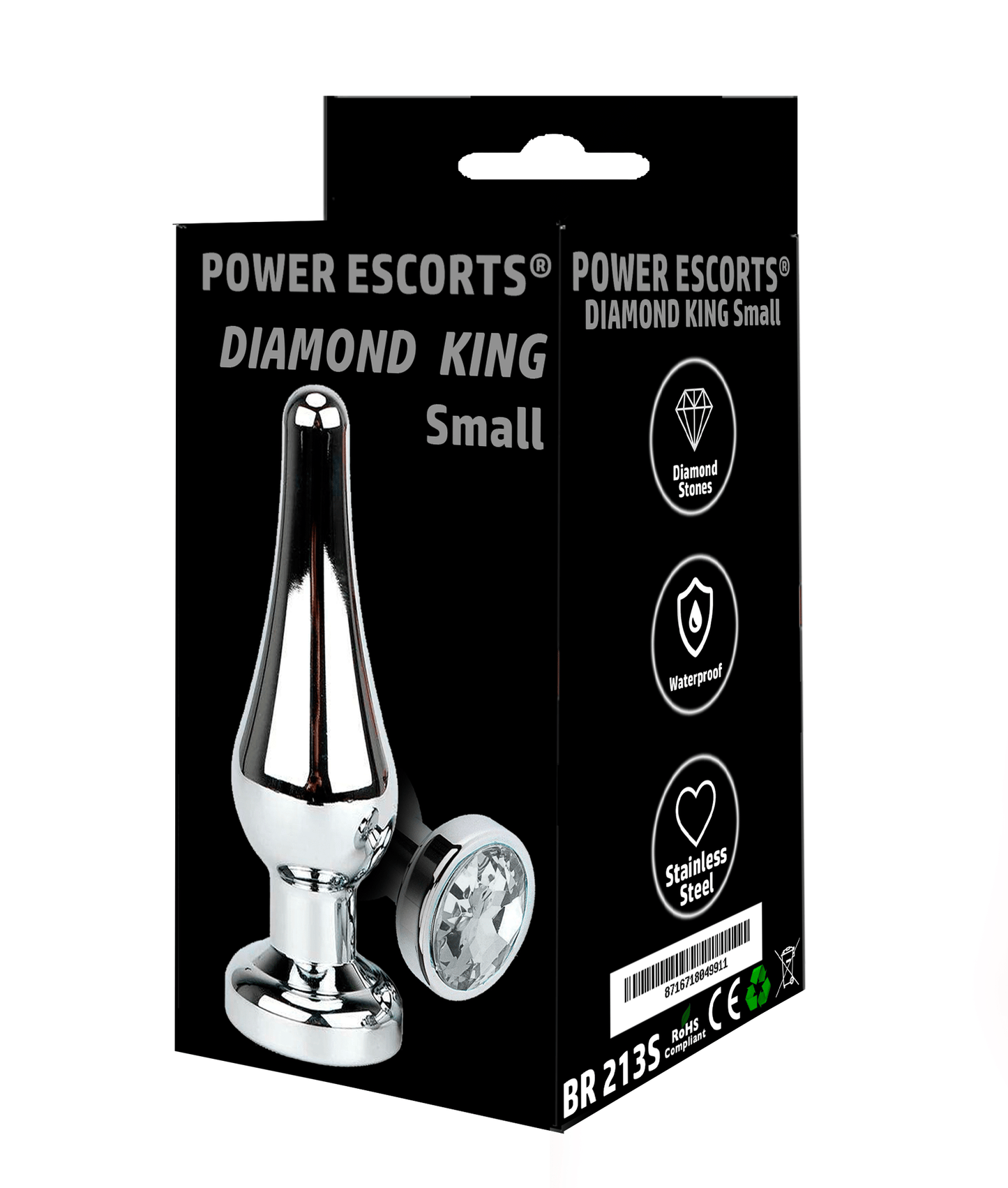 Power Escorts - BR213 Sclear - Diamond King Small Buttplug Clear Stone - Length 9,5cm - dia: 3cm - White Stone -
