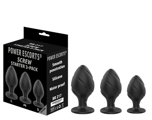 Power Escorts - BR217 - Screw 01 Plug Anal Starter 3-Pack - S, M & L - Black - quality Silicone - No cheap tpe material - Colour box
