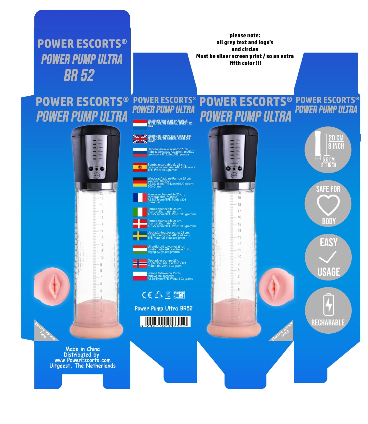 Power Escorts - BR52 - Power Pump Ultra - Automatic Penis Pump - With Extra Exchangeable Pussy & Digital Manometer - Rechargeable - Black/Transparant