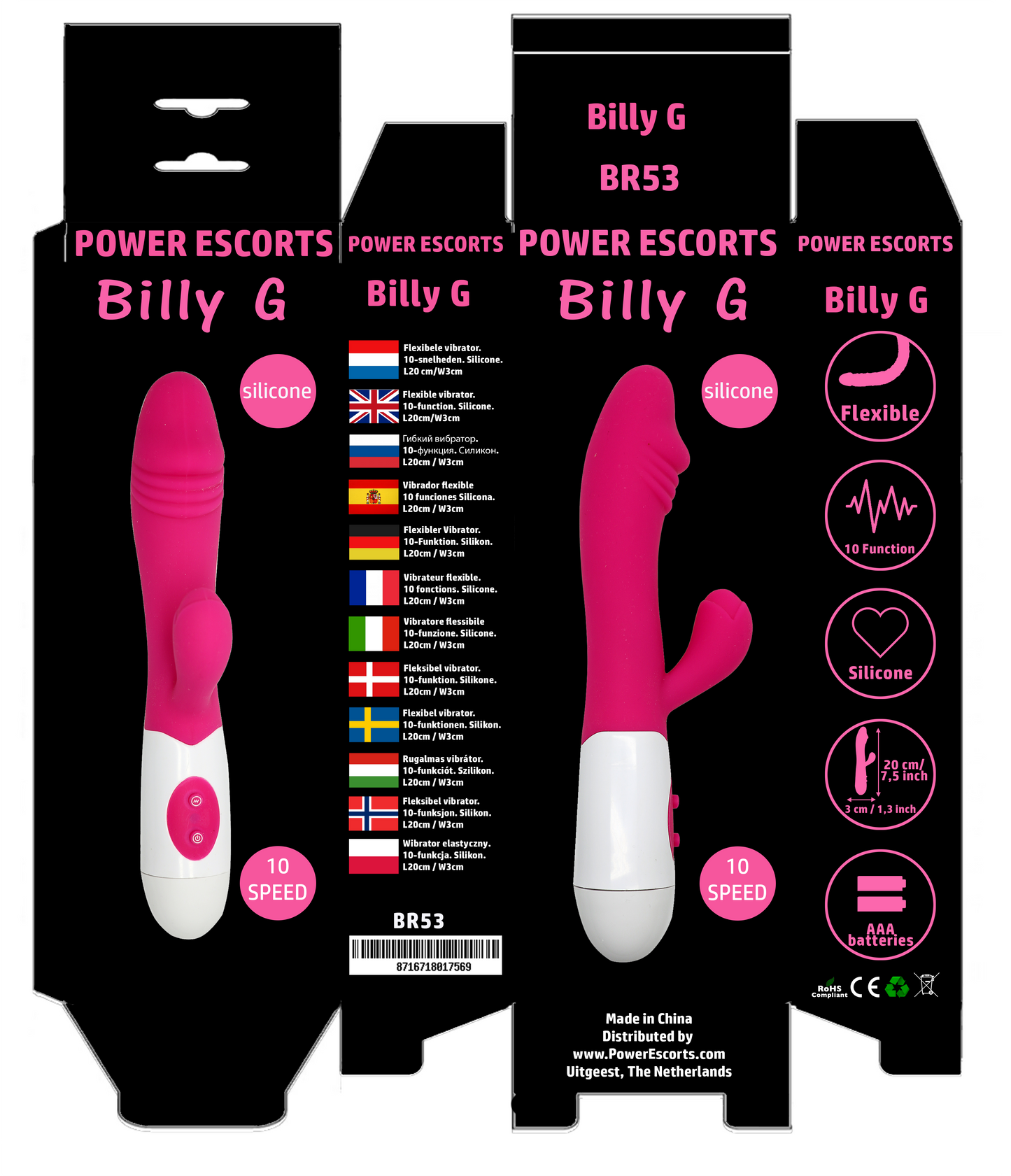 Power Escorts - BR53 - Billy G Tarzan Vibrator - 10-Speed - 20 CM Colour box