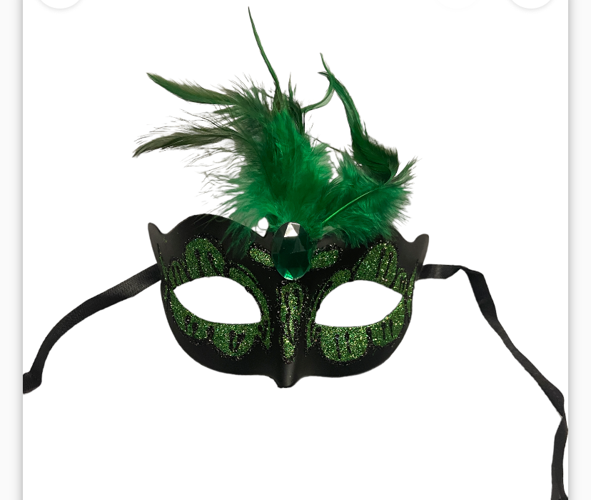 Power Escorts - BR249 GR - Venetian Love Mask Green with Green Stone and Feather on Top - Adjustable Kinky Mask