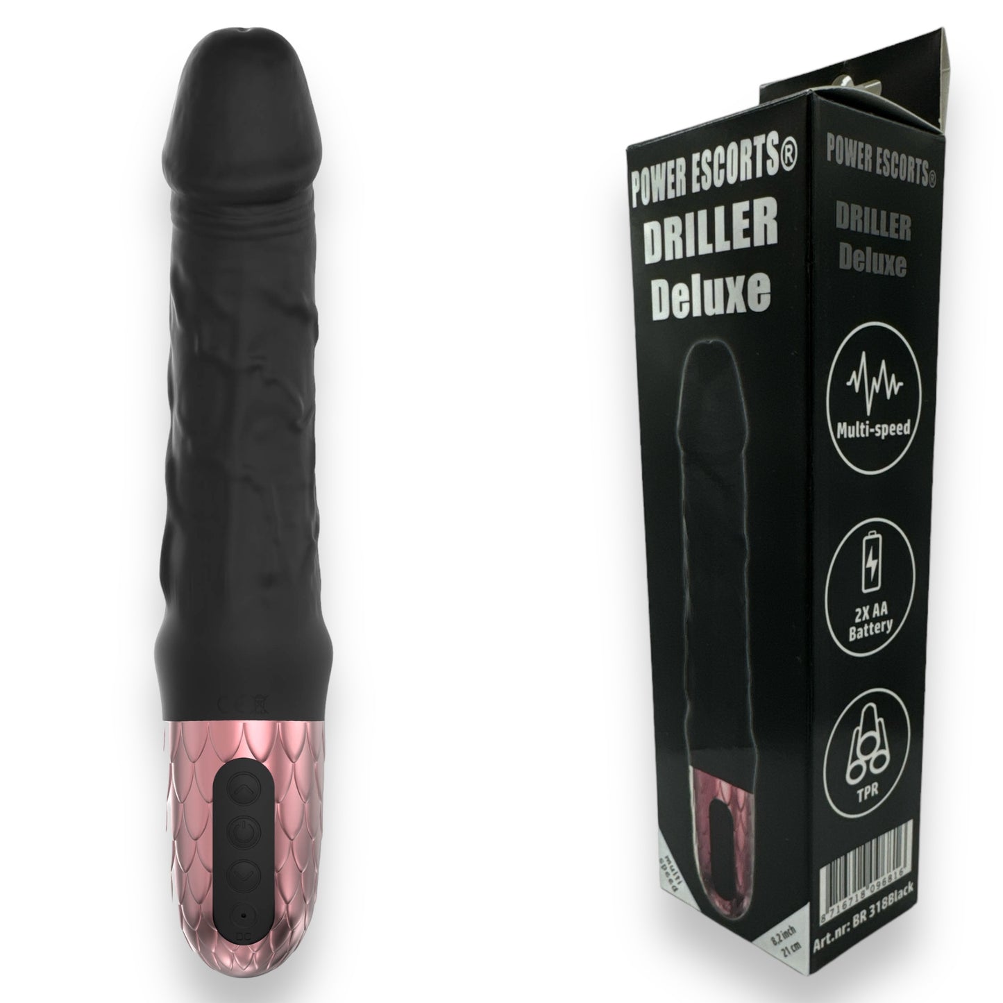 Power Escorts - BR318 - Driller De Luxe Black - 21 Cm / 8.2 Inch Fat Silicone Realistic Vibrator