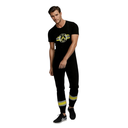 Fireman Costume – Black with Yellow Stripes Suit Includes Large Cap – Sizes M / L / XL