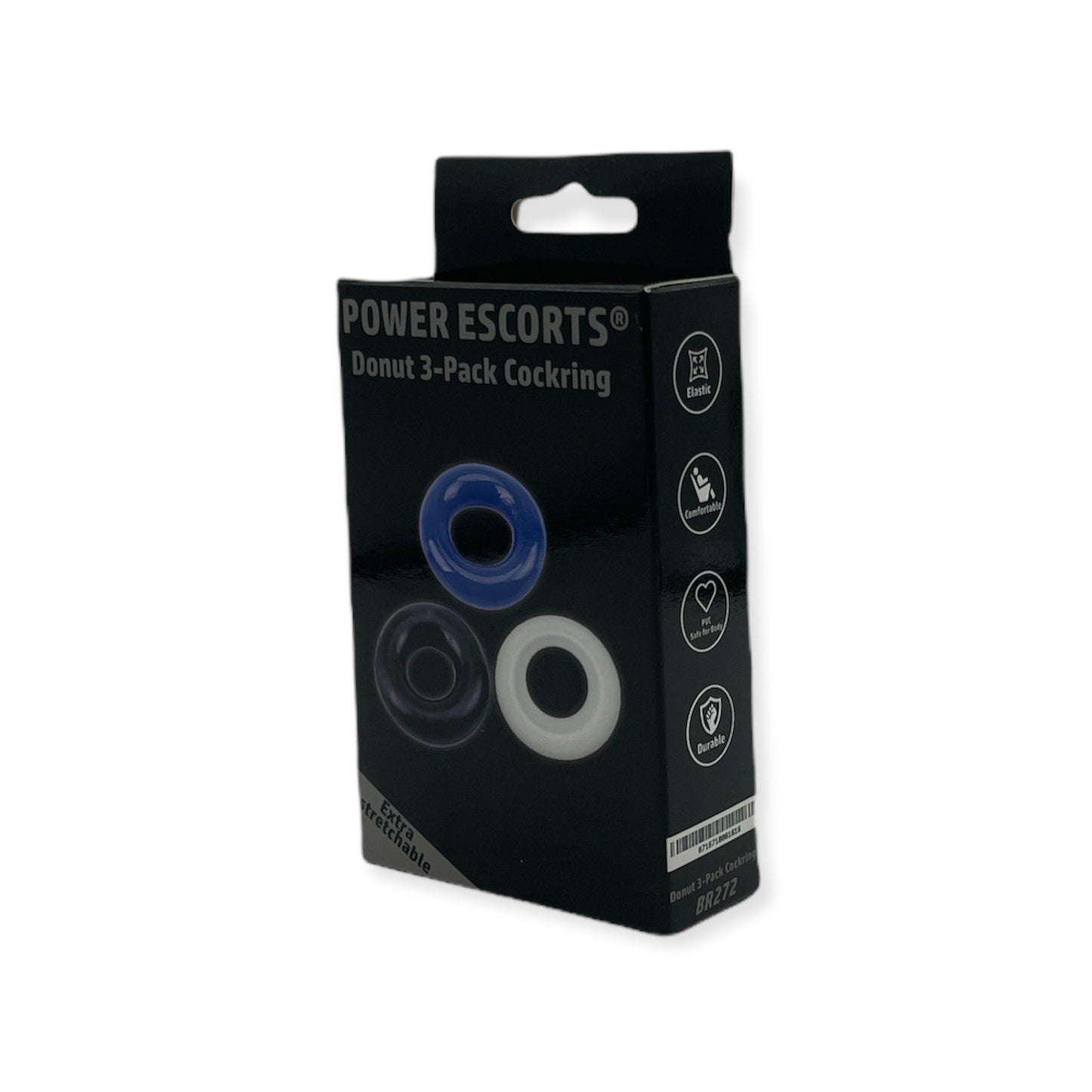 Power Escorts - BR272 - Donut Cockring 3 Pack - Super Stretchable - 3 colors blue /clear /black - attractive colourbox