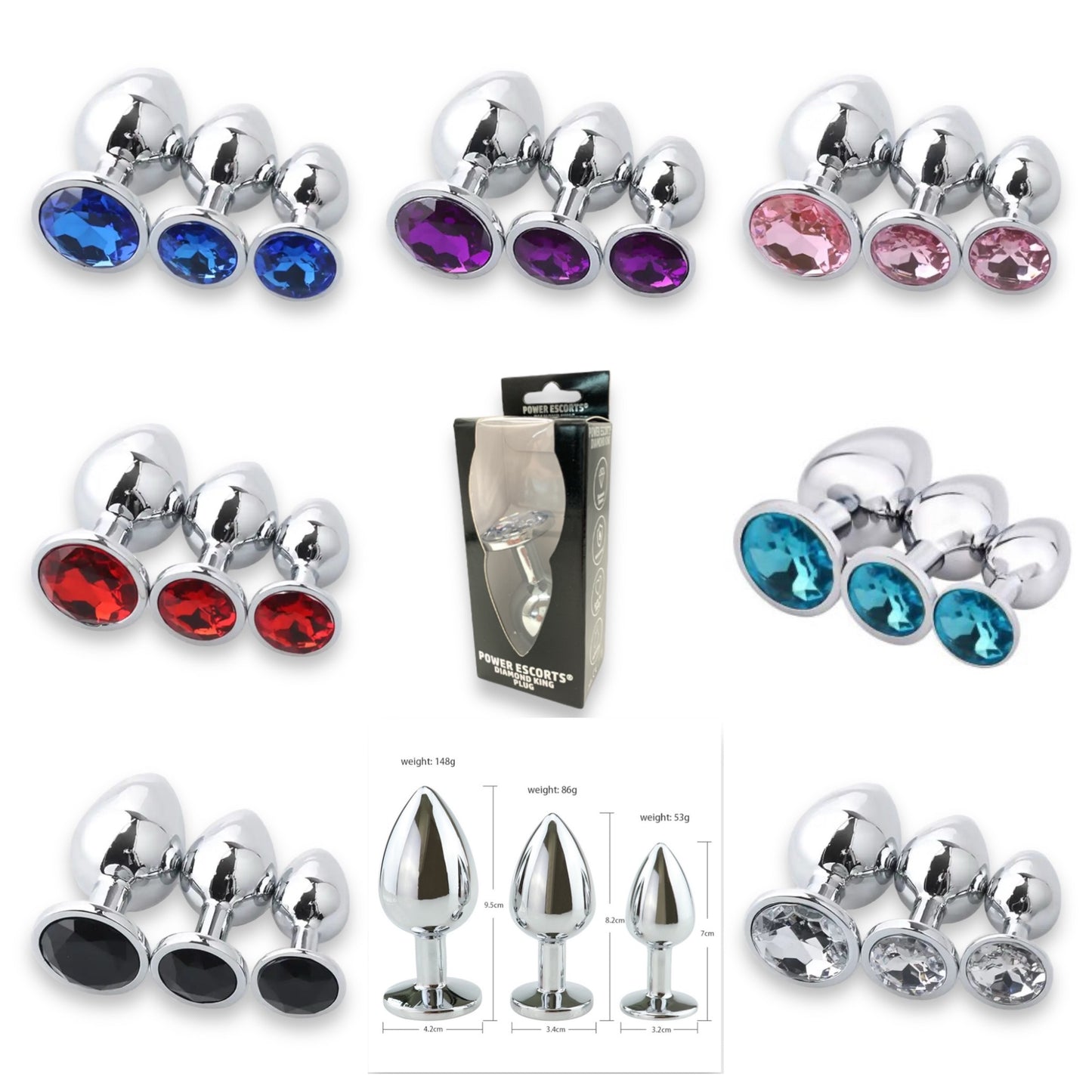 Power Escorts - BR137 - Metallic Anal Plug With Stone - 3 Sizes - 6 Colours