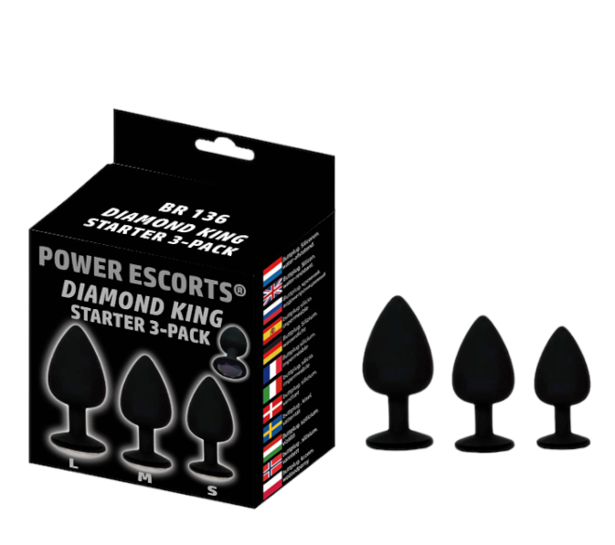 Power Escorts - BR136 - Sillicone Anal Plug - Diamond King Black - 3-Pack - 7 Colours
