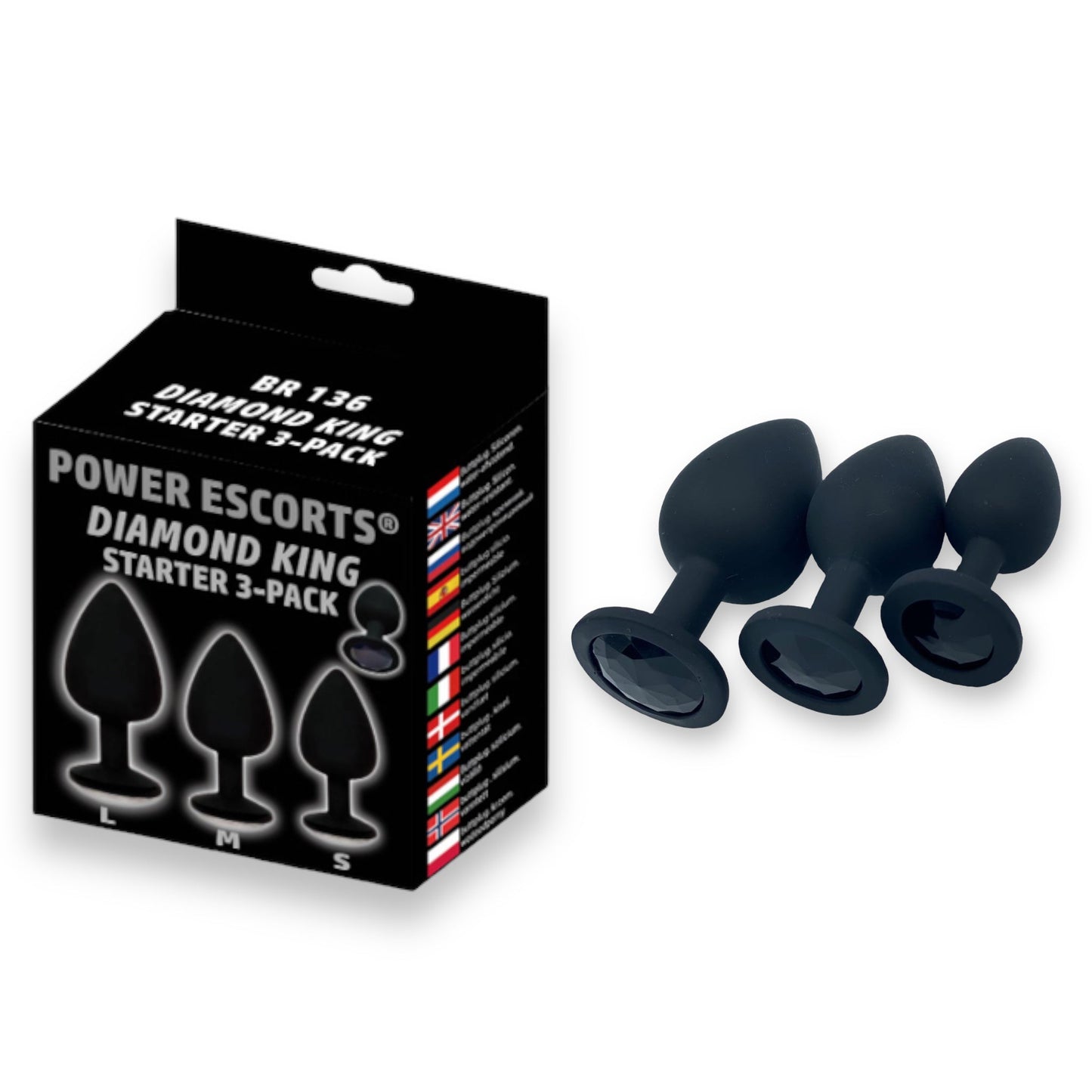 Power Escorts - BR136 - Sillicone Anal Plug - Diamond King Black - 3-Pack - 7 Colours