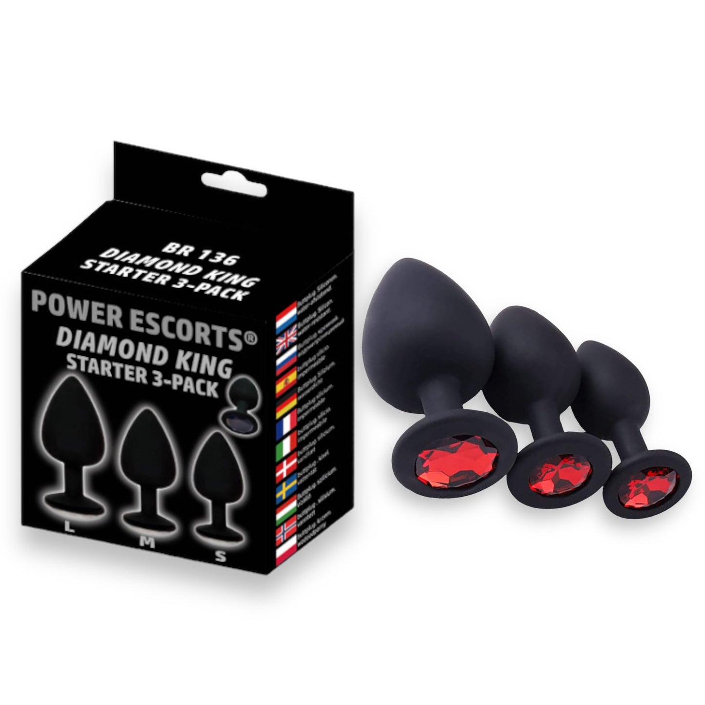 Power Escorts - BR136 - Sillicone Anal Plug - Diamond King Black - 3-Pack - 7 Colours