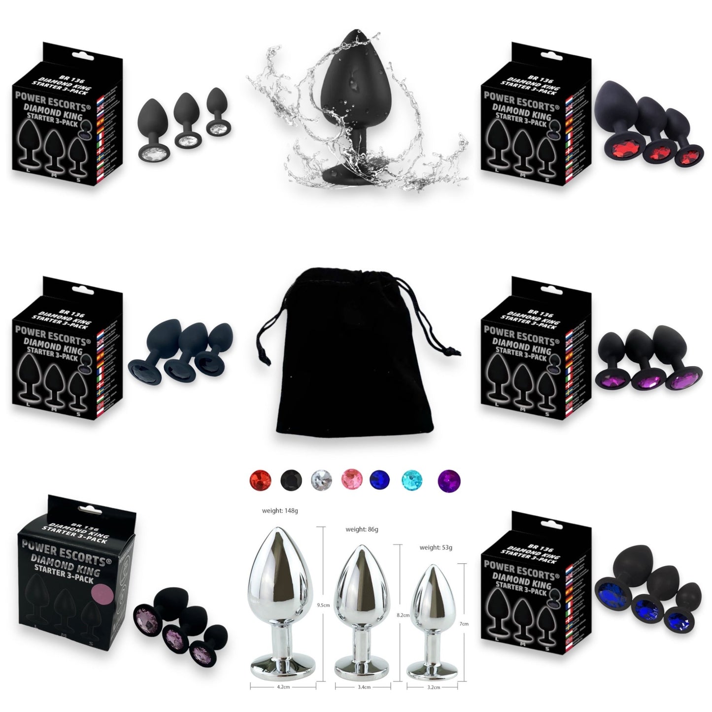 Power Escorts - BR136 - Sillicone Anal Plug - Diamond King Black - 3-Pack - 7 Colours