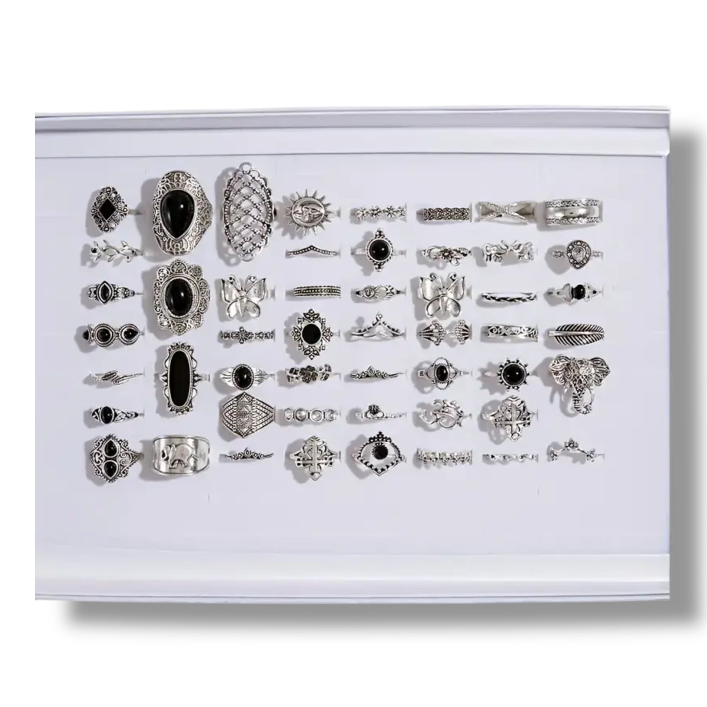 Kinky Pleasure - T172 - Ring Set Exclusive In Luxury Gift Box – 30-Piece Boho Silver & Black Collection