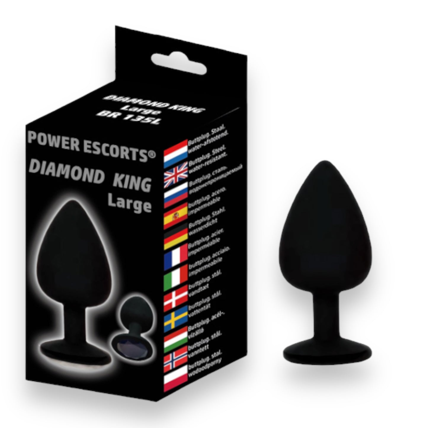 Power Escorts - BR135 - Diamond King - Silicone Butt Plug - Black - 6 Colours - 3 Sizes