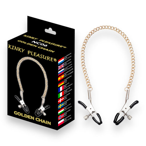 Kinky Pleasure - NC06 - Golden Chain - Kinky Clamps - Heavy version - Nipple Clamps - Stylish Colour box