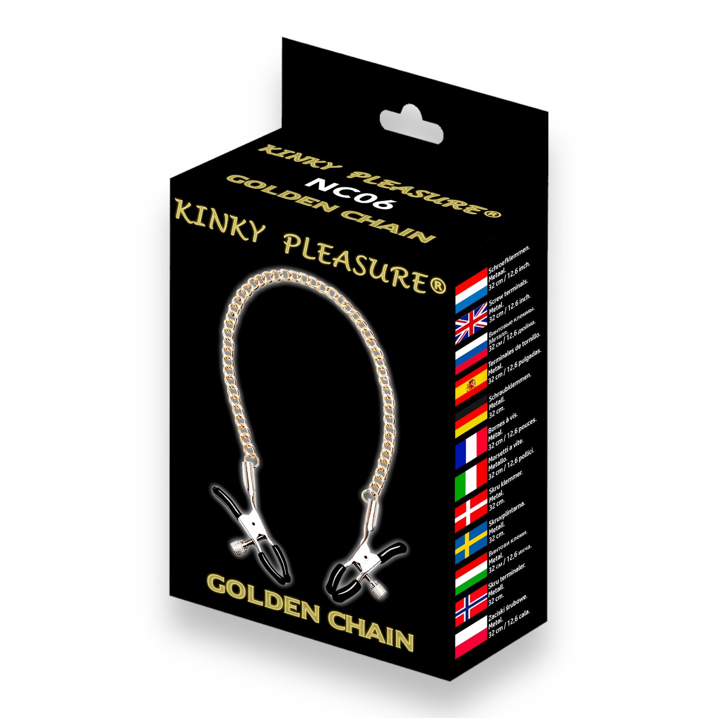 Kinky Pleasure - NC06 - Golden Chain - Kinky Clamps - Heavy version - Nipple Clamps - Stylish Colour box