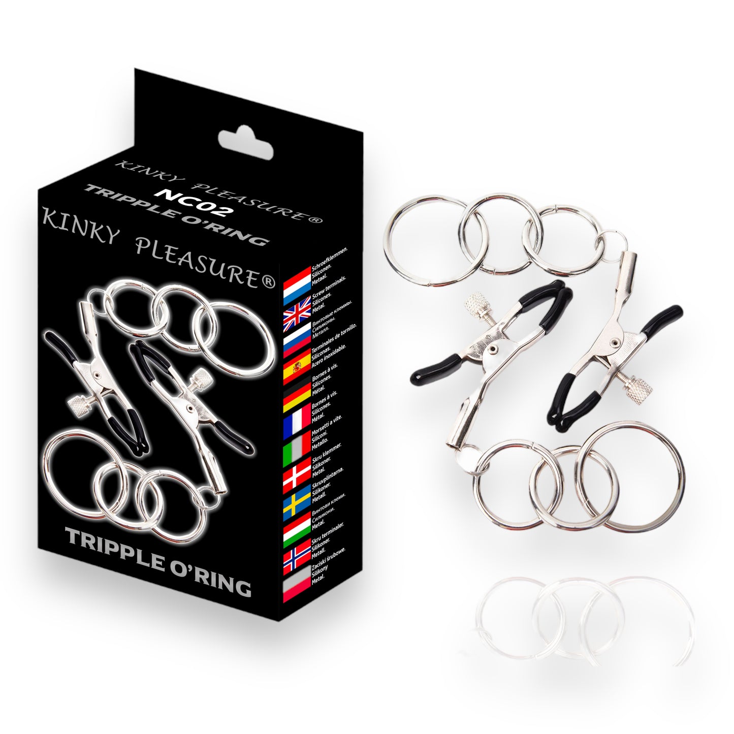 Kinky Pleasure - NC02 - Tripple O'Ring - Kinky Clamps - Heavy version - Nipple Clamps - Stylish Colour box