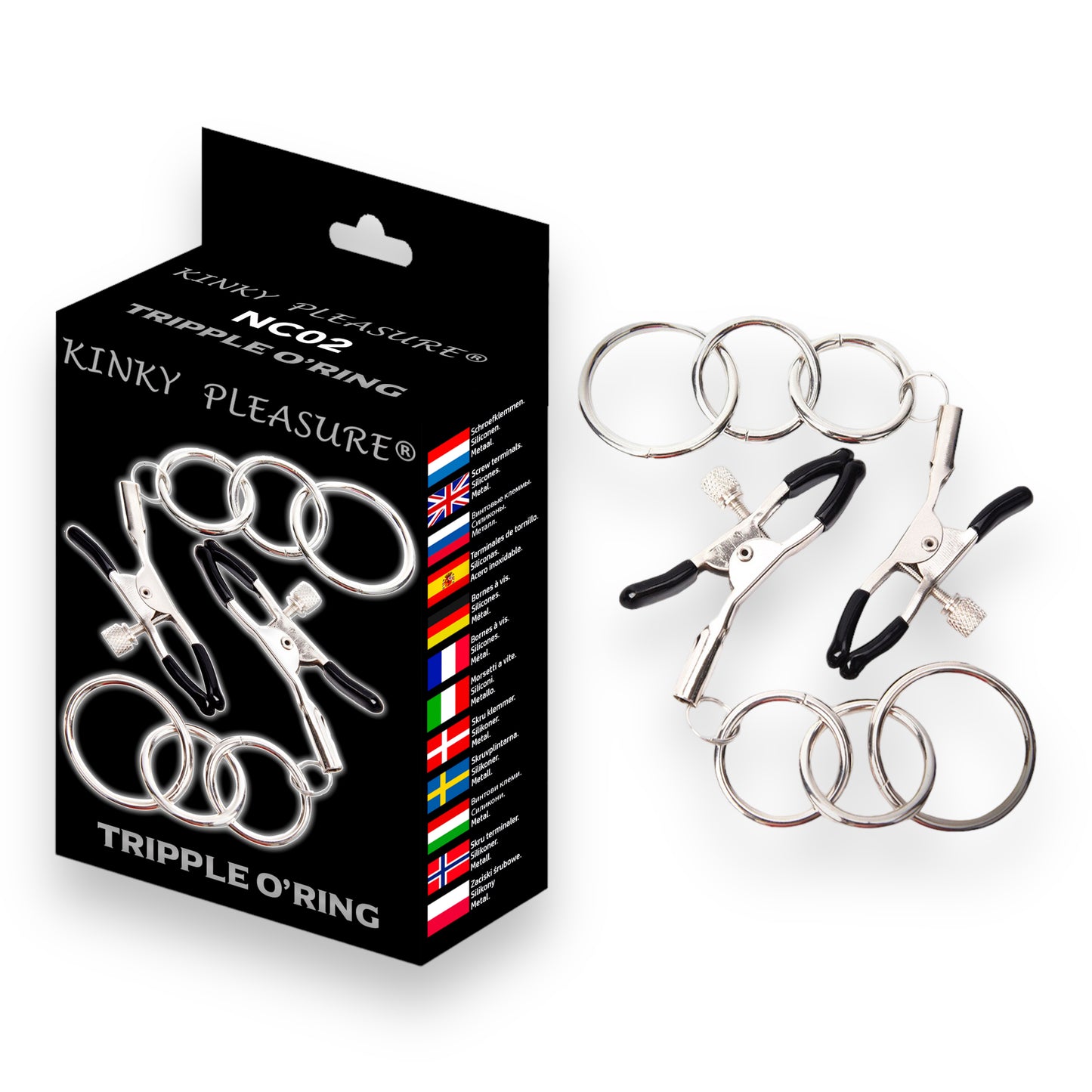 Kinky Pleasure - NC02 - Tripple O'Ring - Kinky Clamps - Heavy version - Nipple Clamps - Stylish Colour box