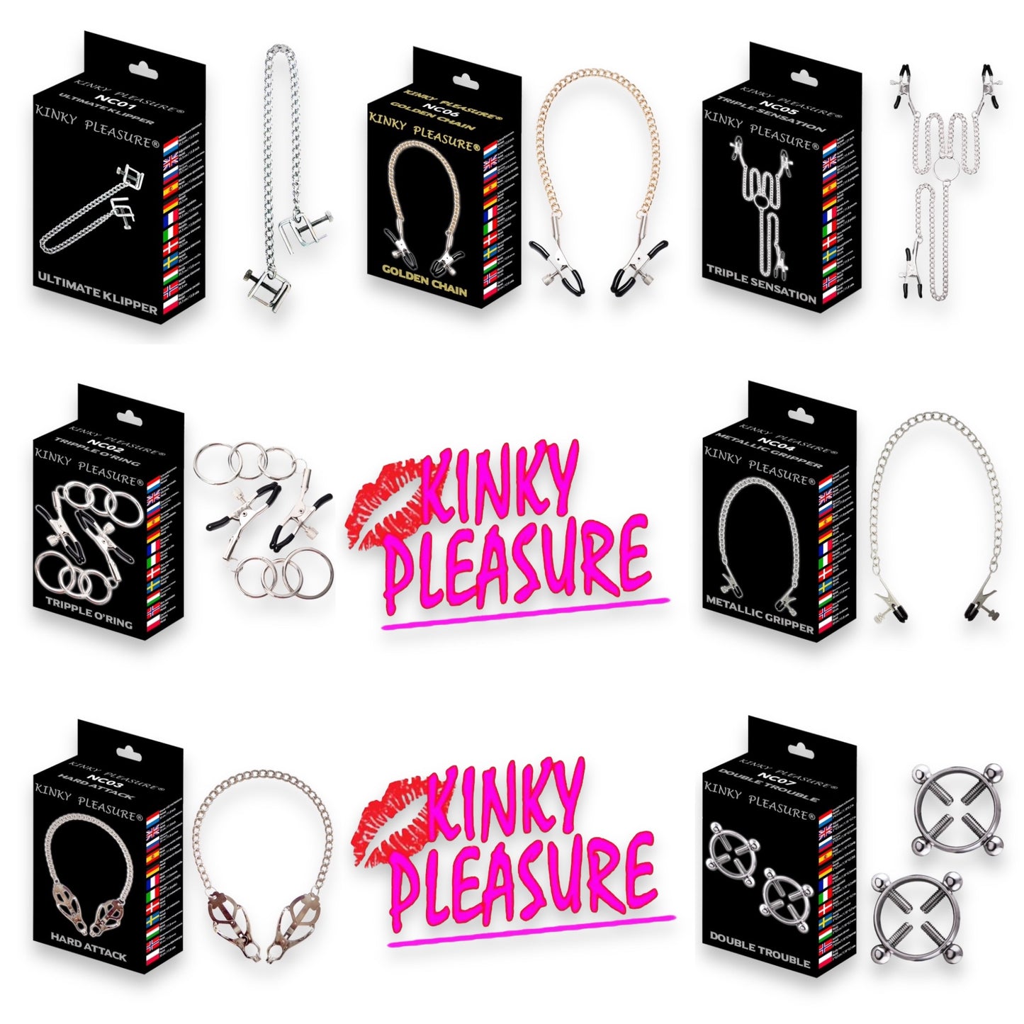 Kinky Pleasure - Nipple Clamps - 7 Models - All in Luxury Colour Box - All Models 1x - 7 Pieces