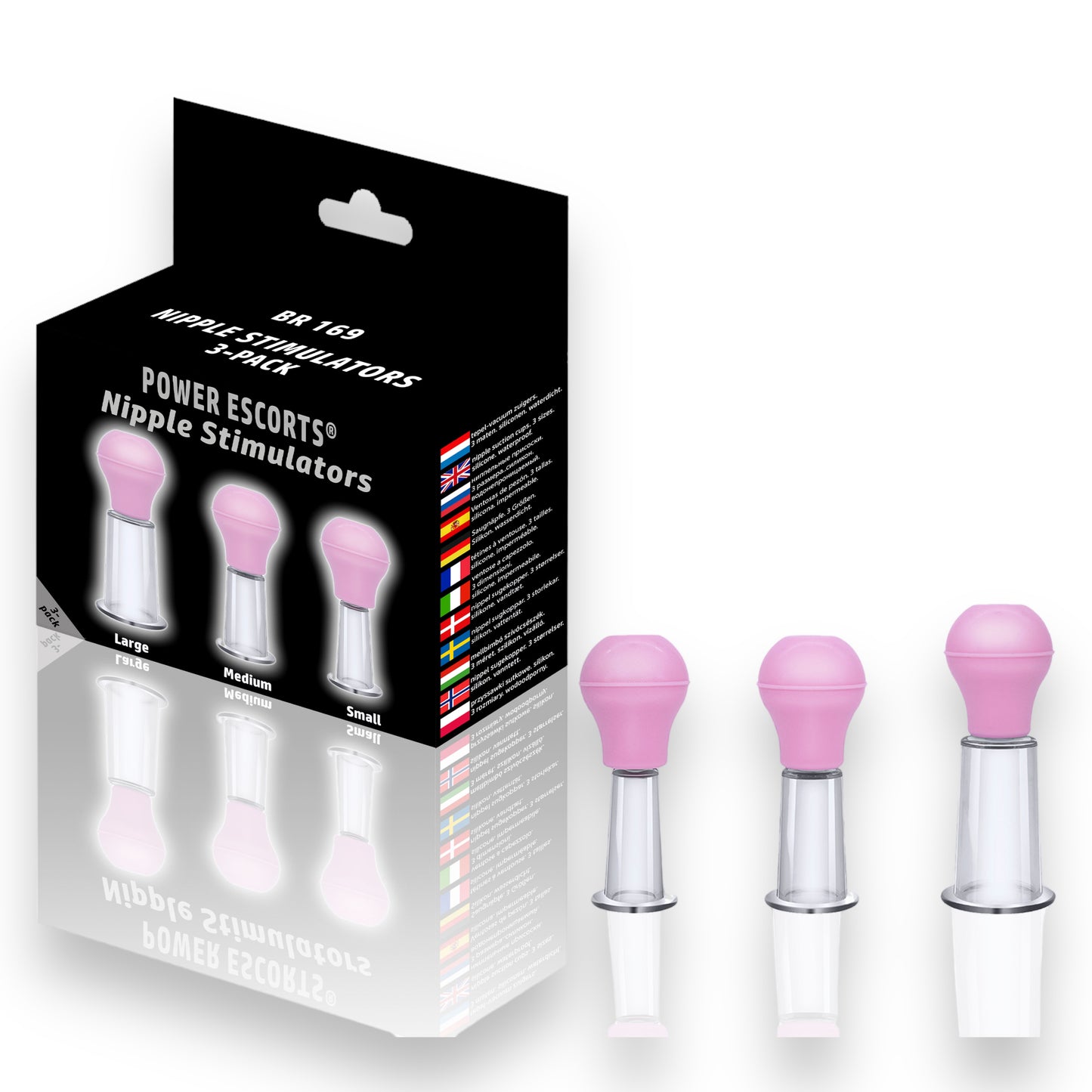 Power Escorts - BR169 - Nipple Stimulators - Starter 3 Pack - Nipple Pumps - Small/Medium/Large - Pink/Transparant