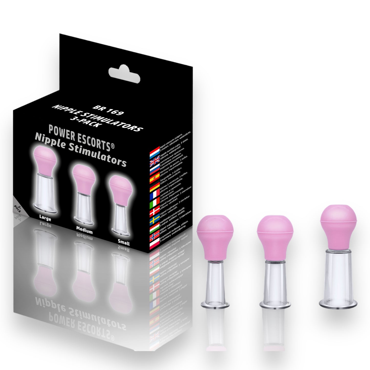 Power Escorts - BR169 - Nipple Stimulators - Starter 3 Pack - Nipple Pumps - Small/Medium/Large - Pink/Transparant