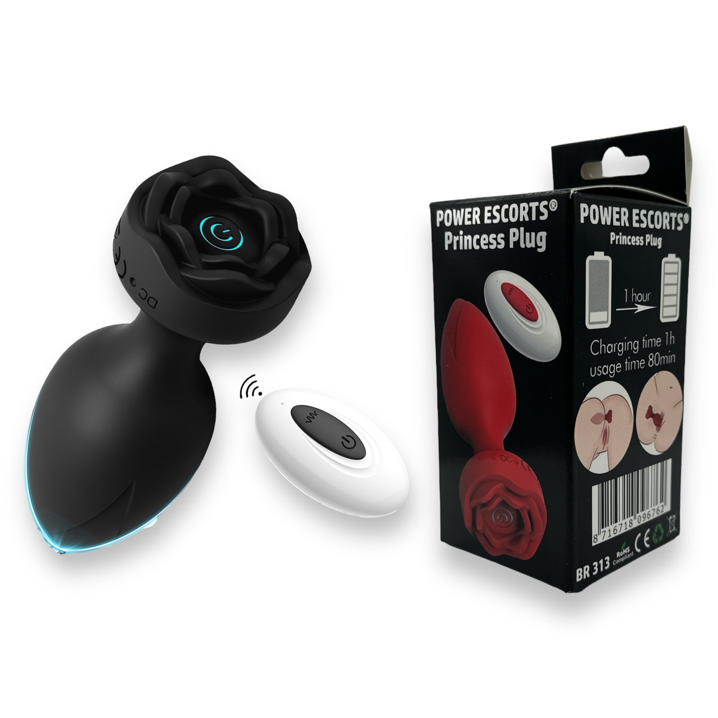 Power Escorts - BR313 - Princess Plug - Remote Rose Design Plug - USB Rechargeable - 10 Functions - Two Colors