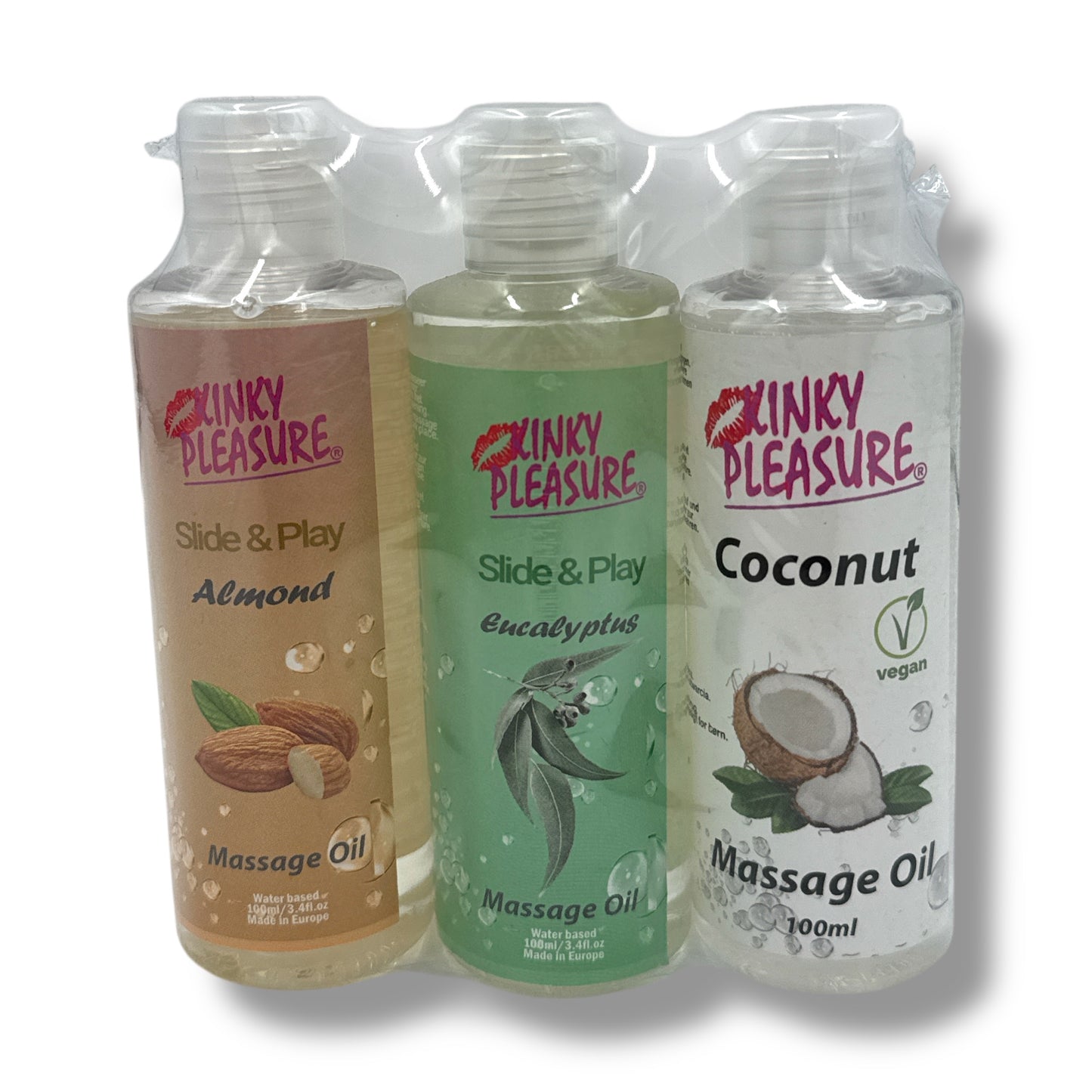 Kinky Pleasure - Massage Oil - 3 Models – 300ml – Eucalyptus, Almond, Coconut (100ml each)