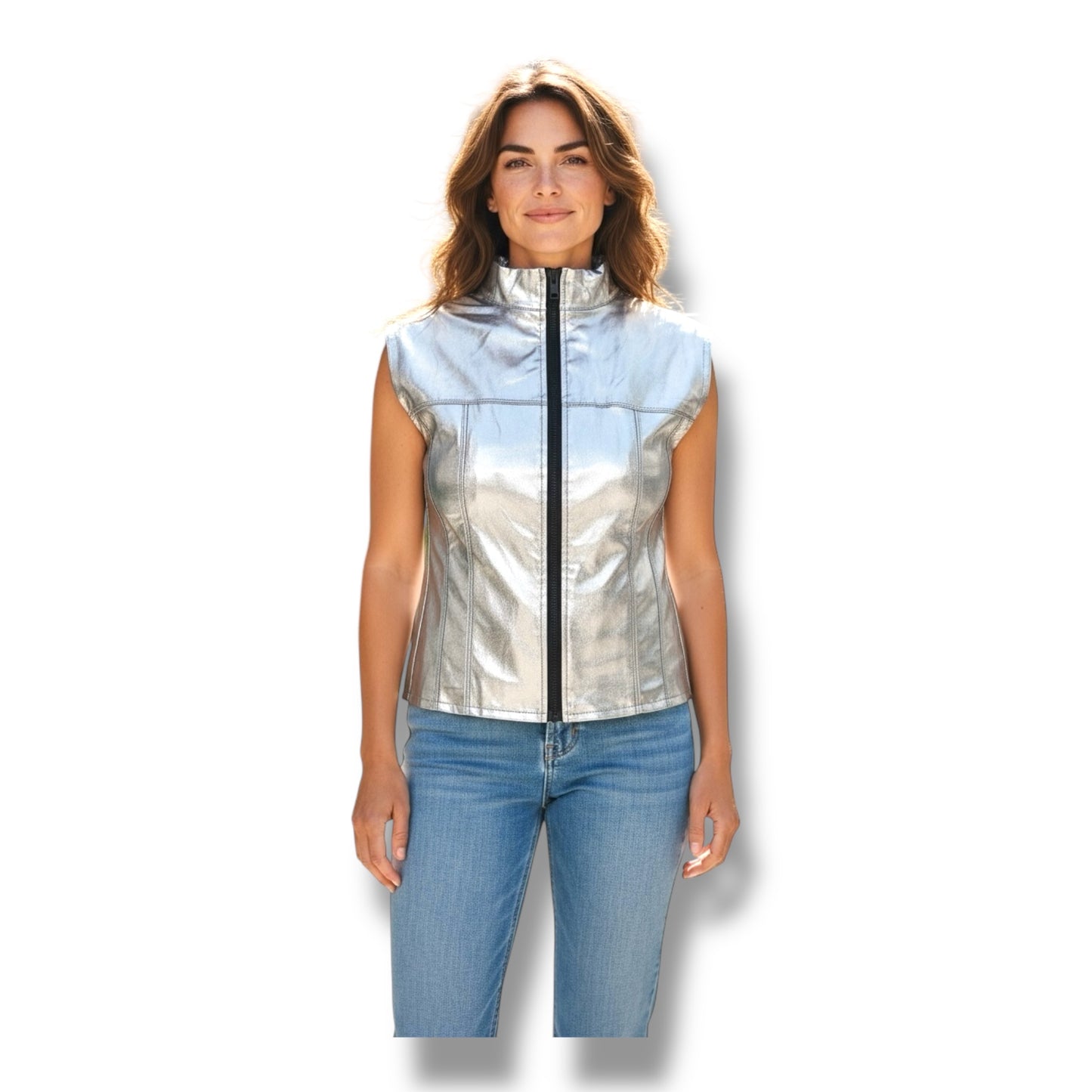 Glossy Silver Kinky Bodywarmer Wth Zipper