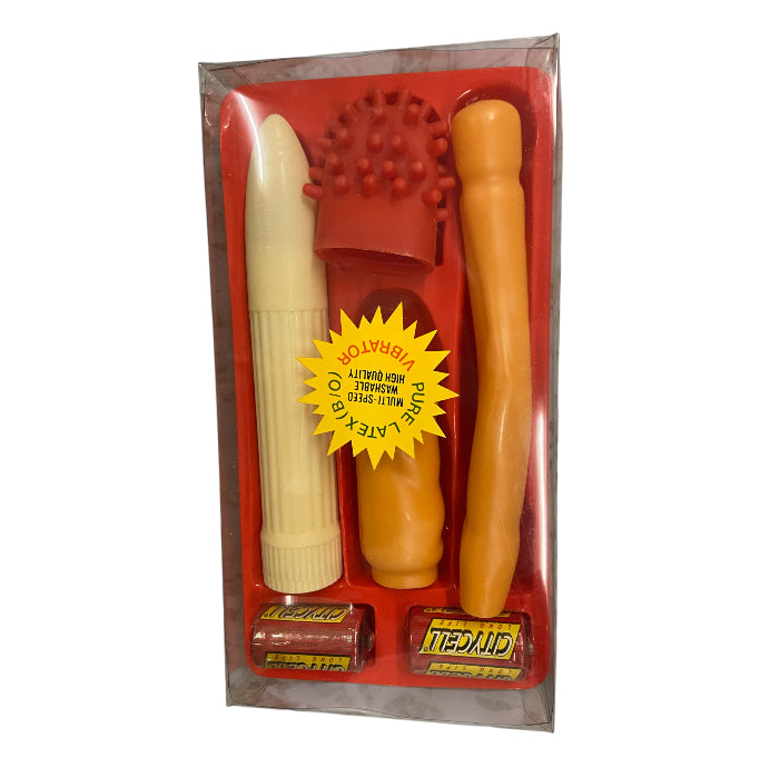 Erotic Gift Set 4 Pcs – White Ribbed Vibrator with 3 Unique Textured Sleeves incl Extra Long Smooth Sleeve - Club