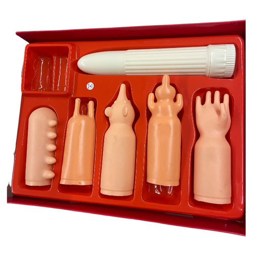 Erotic Gift Set 6 Pcs – Multiple Orgasm Kit White Ribbed Basic Vibrator with 5 Sleeves Pleasure Kit - Club