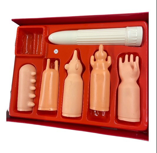 Erotic Gift Set 6 Pcs – Multiple Orgasm Kit White Ribbed Basic Vibrator with 5 Sleeves Pleasure Kit - Club