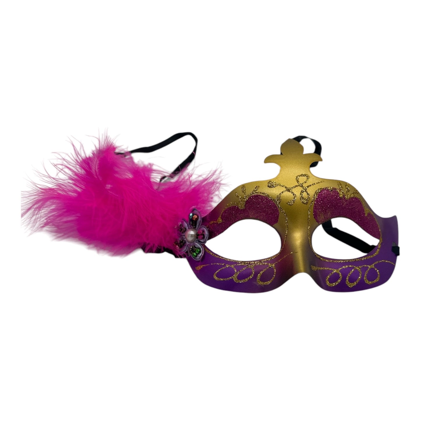 Gold Purple Mask with a Pink Feather