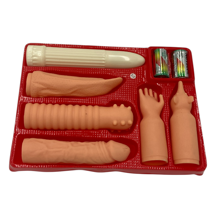 Erotic Giftset 6 Pcs - Horny Housewives Special Set – White Vibrator + 5 Big Sleeves (Battery-Operated) - Club