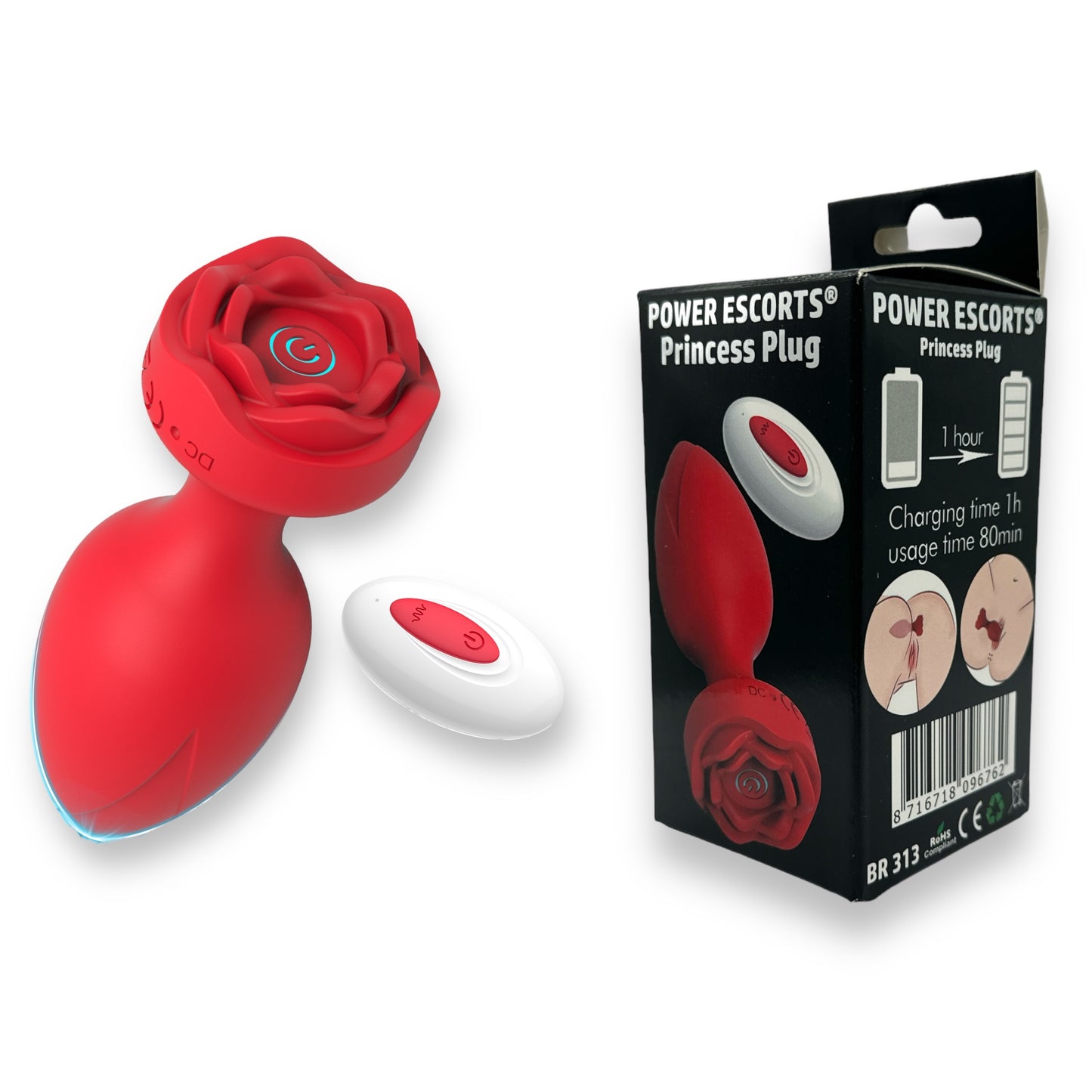 Power Escorts - BR313 - Princess Plug - Remote Rose Design Plug - USB Rechargeable - 10 Functions - Two Colors