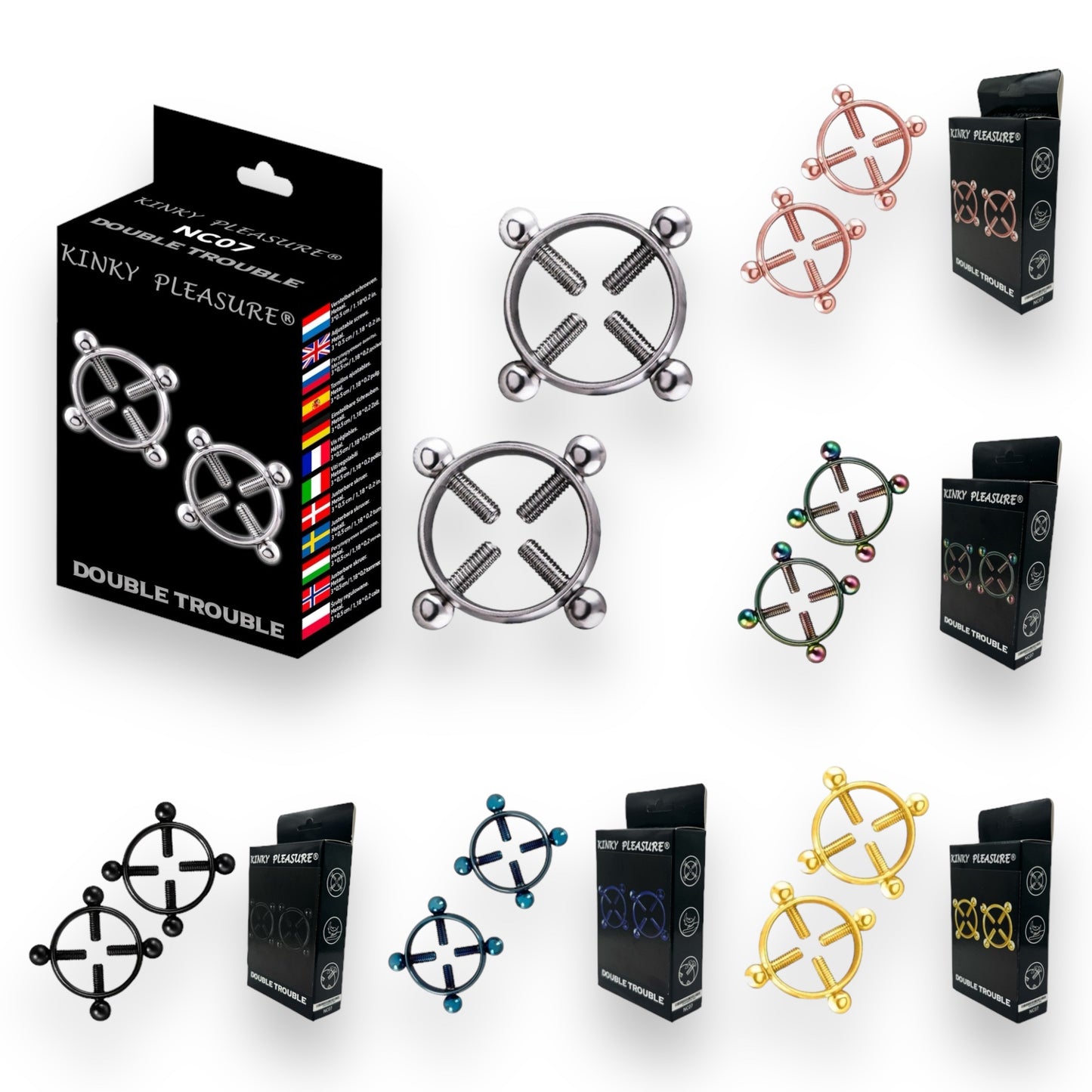 Kinky Pleasure - NC07- Double Trouble - Kinky Clamps - 7 Colours - Heavy version - Nipple clamps - Stylish Colourbox