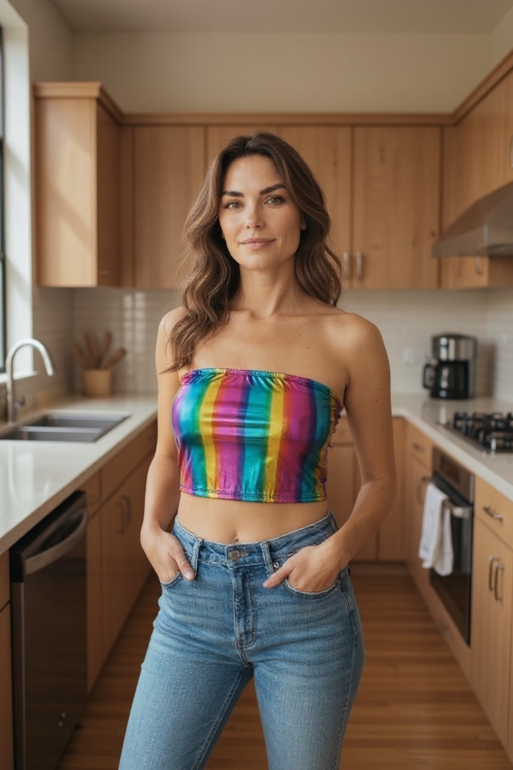 Kinky Glossy Rainbow Strapless Slim Top