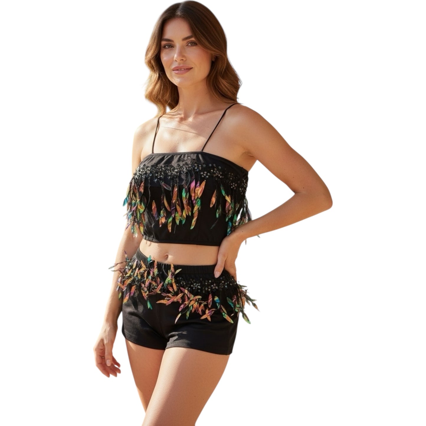 Combi Deal - Kinky Black Feather Slim Halter Top With Matching Feather Boxer