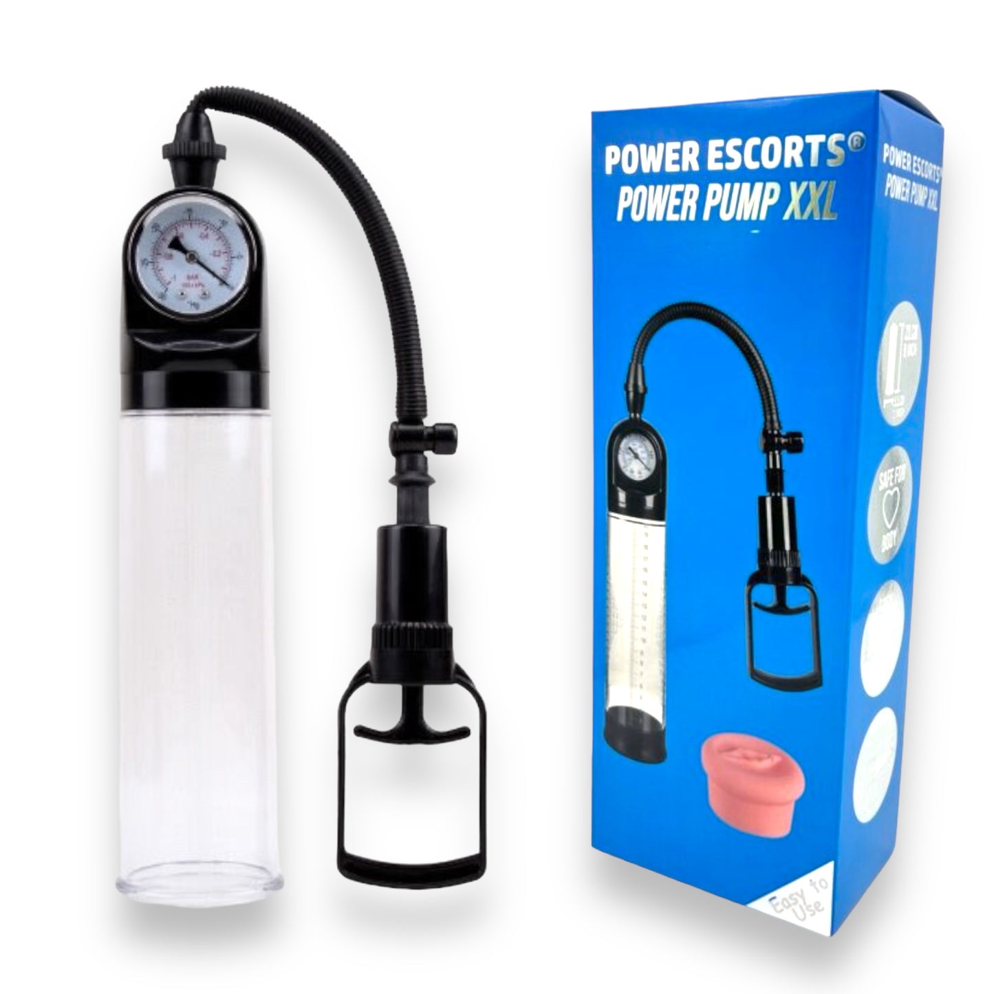 Power Escorts - BR29 - Power Pump XXL - Mega Penis Pump - With Extra Exchangeable Pussy & Manometer - Black/Transparant